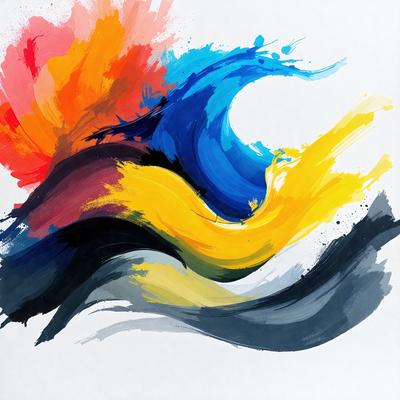 The primary subject of the image is a painting of a wave. The setting is a white background, and the visual style appears to be a digital art or illustration. The dominant colors in the painting are blue, yellow, and orange, creating a vibrant and dynamic atmosphere.